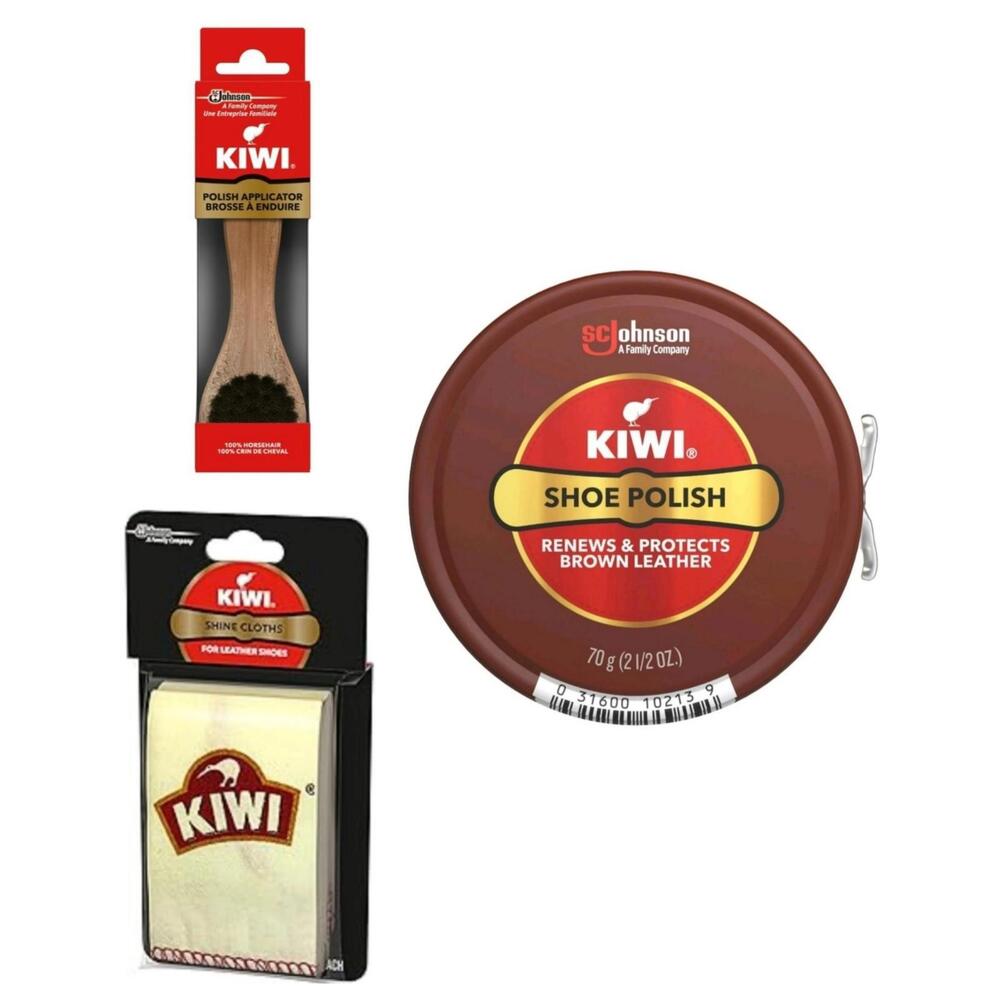 Kiwi Brown Shoe Polish Care Kit 2.5 oz + Applicator Brush + 2 Shine Cloths